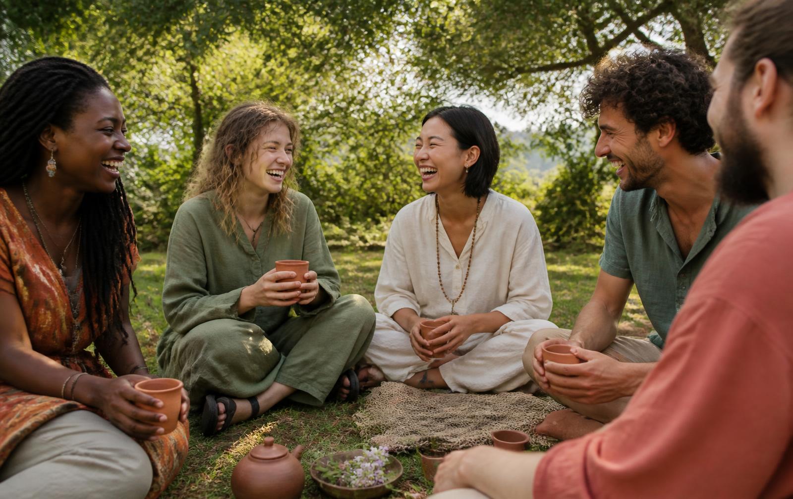A small circle of people sitting outdoors under trees, laughing together over tea